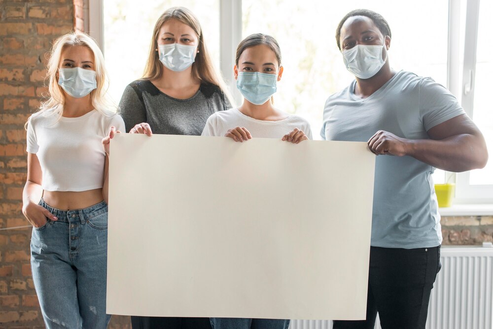 Group of friends wearing face masks