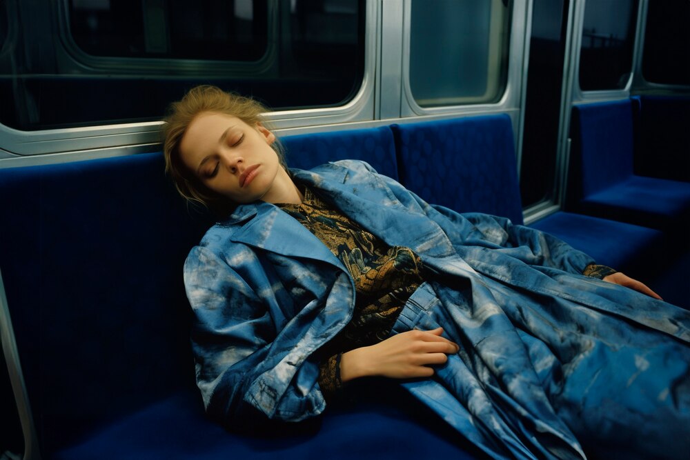 High angle  woman sleeping in public transportation