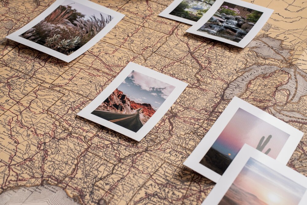 View of world travel map with photos