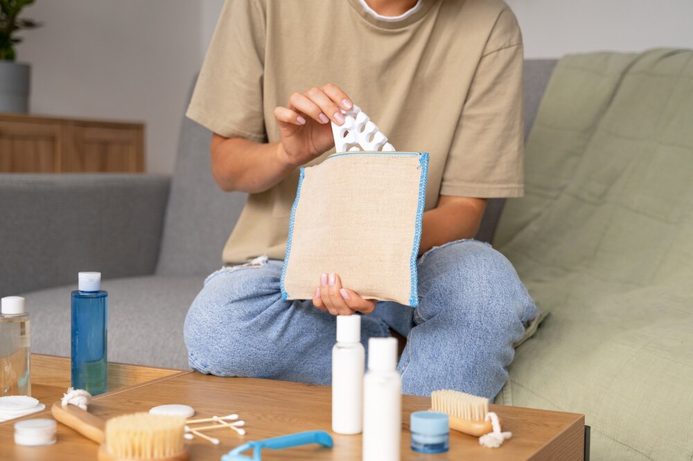 Woman using toilet bag front view