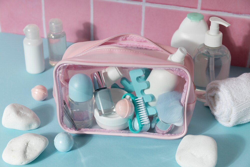 Vanity case with products high angle