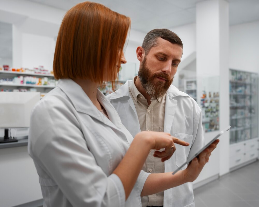 Female pharmacist training male coworker with tablet in the pharmacy