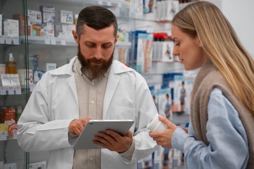 Male pharmacist consulting female customer at the drugstore