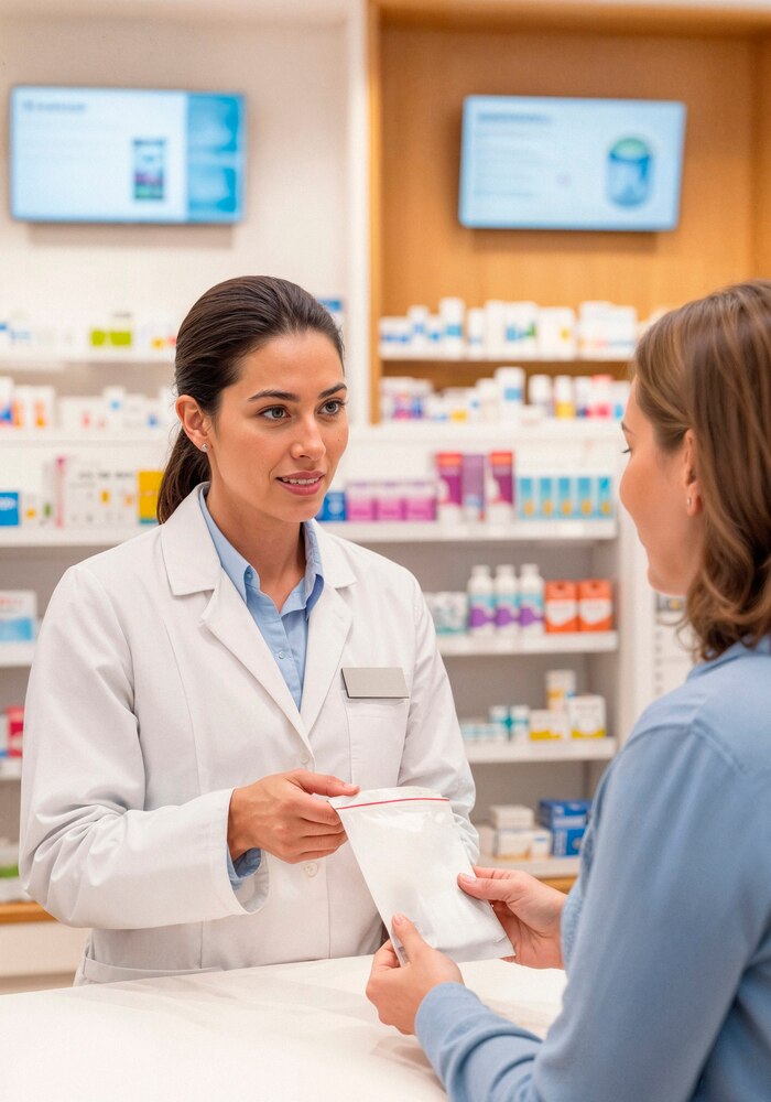 Pharmacist handoff prescription to customer