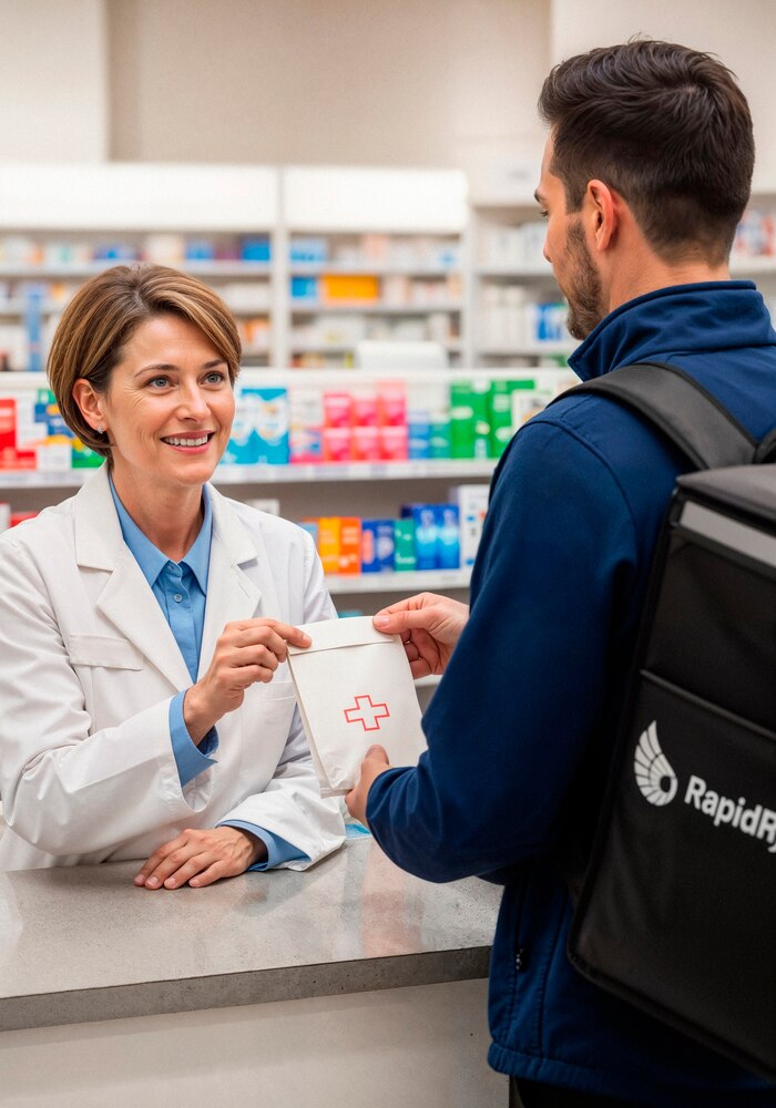 Pharmacist handing medication to delivery courier